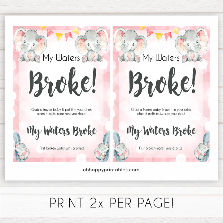 pink elephant baby games, my waters broke baby shower games, printable baby shower games, baby shower games, fun baby games, popular baby games, pink baby games