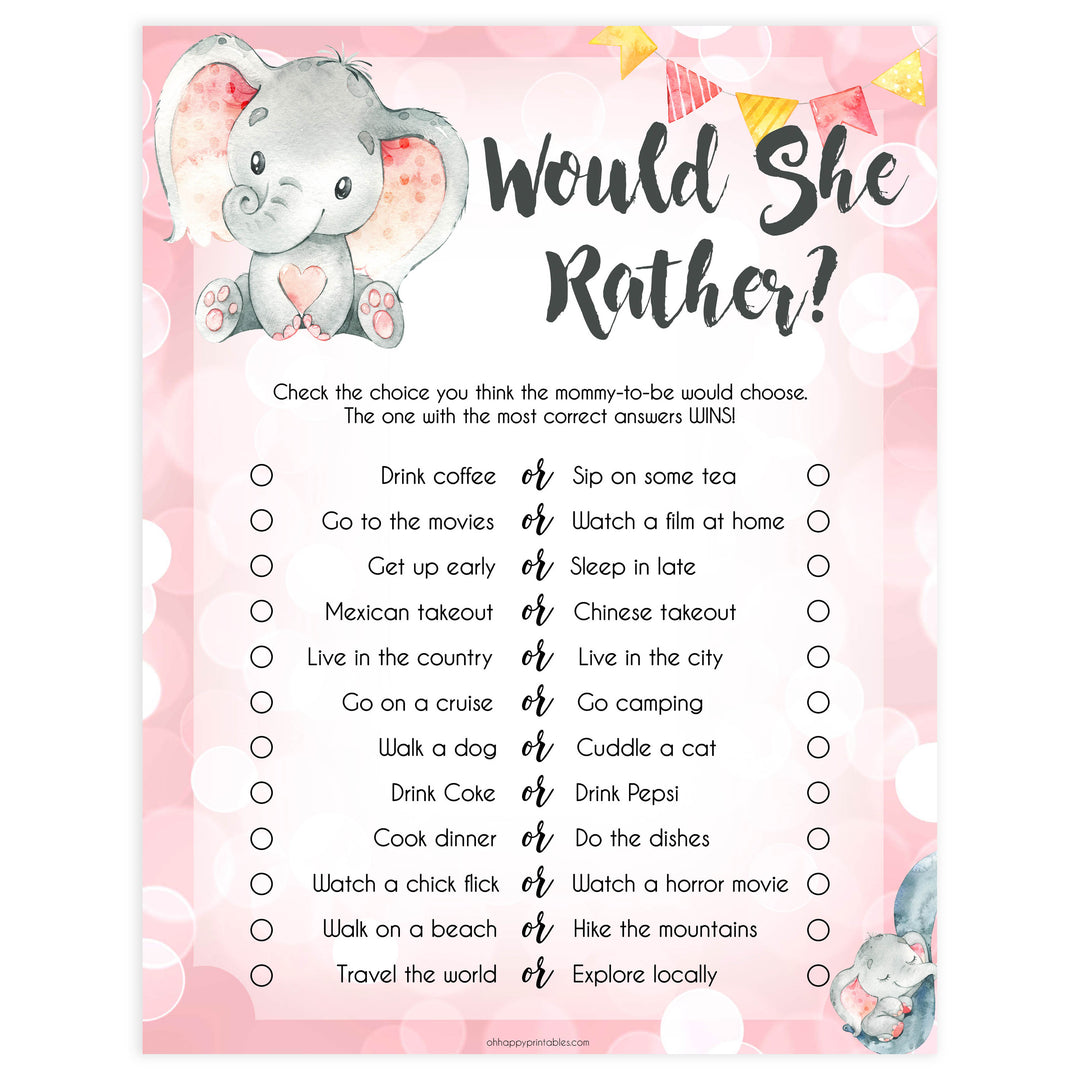 would she rather baby game, would she rather, Printable baby shower games, fun abby games, baby shower games, fun baby shower ideas, top baby shower ideas, pink elephant baby shower, pink baby shower ideas