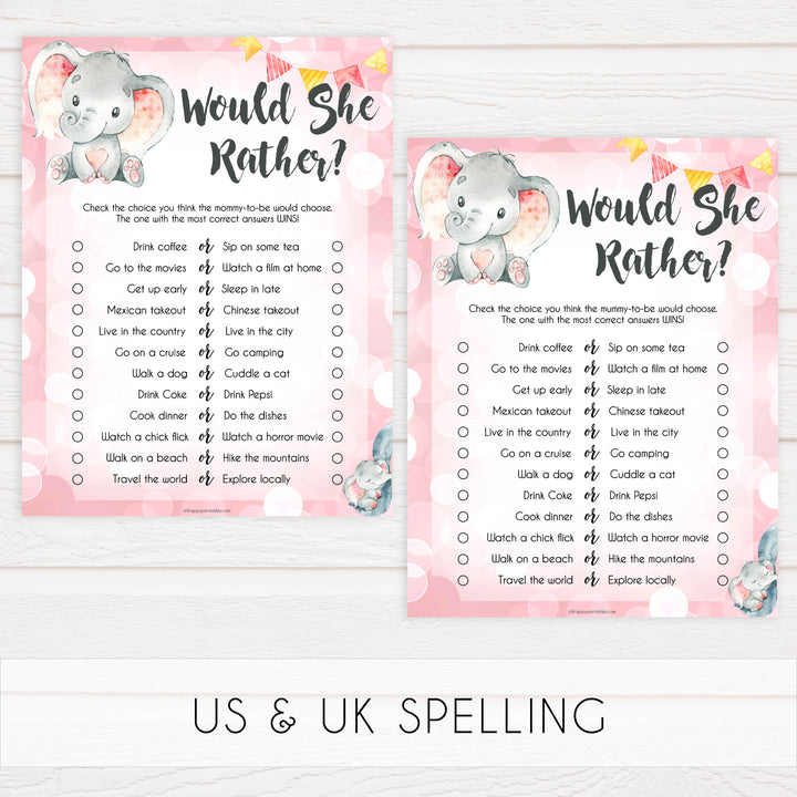would she rather baby game, would she rather, Printable baby shower games, fun abby games, baby shower games, fun baby shower ideas, top baby shower ideas, pink elephant baby shower, pink baby shower ideas