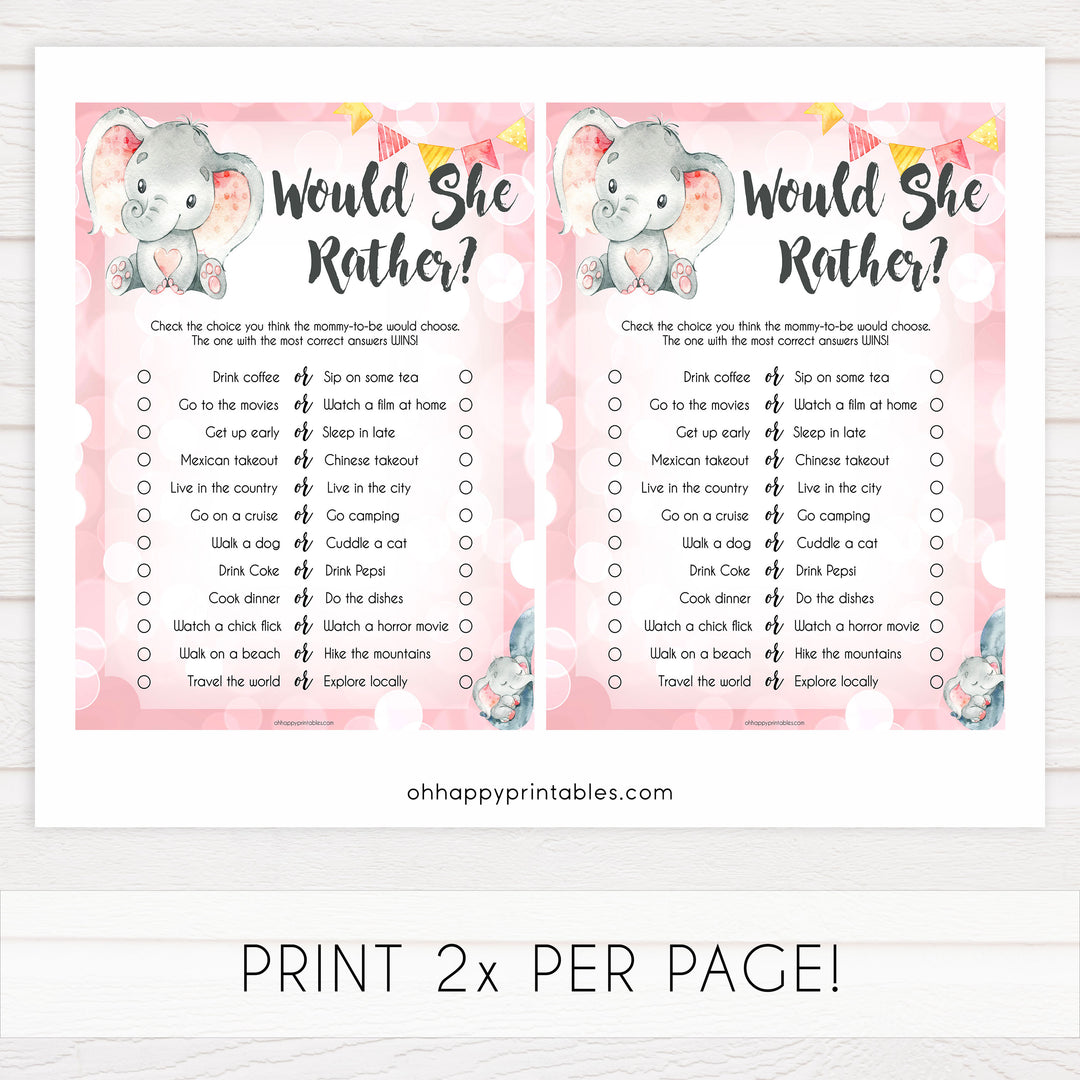 would she rather baby game, would she rather, Printable baby shower games, fun abby games, baby shower games, fun baby shower ideas, top baby shower ideas, pink elephant baby shower, pink baby shower ideas