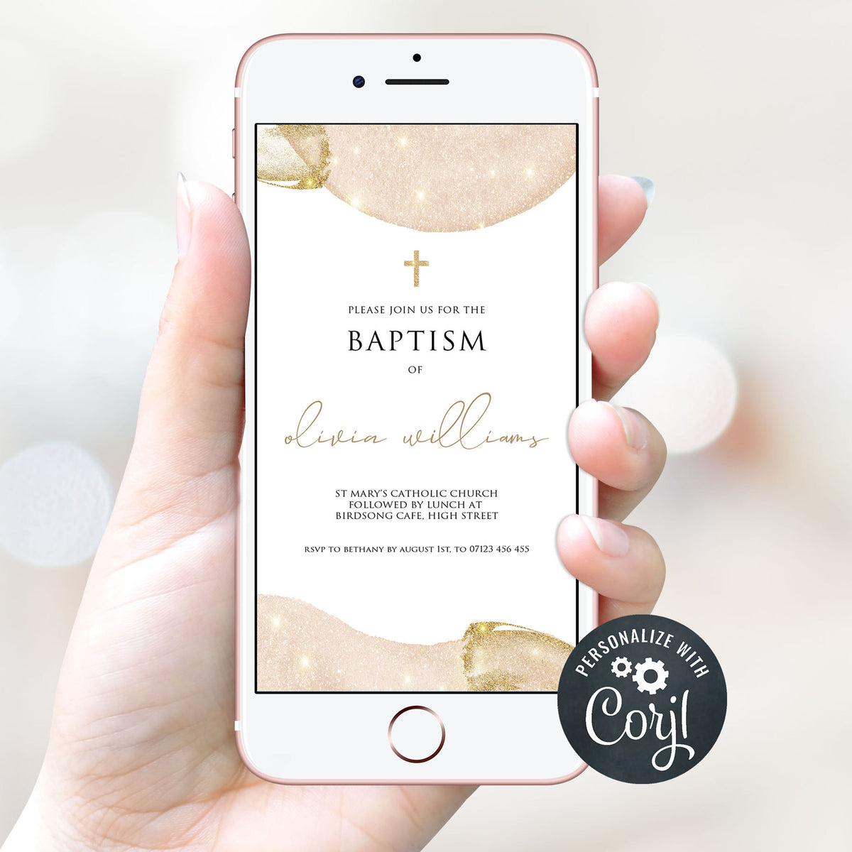 editable mobile baptism invitation, pink gold phone baptism invitation, cell phone invitation, baptism invitation, editable baptism invite