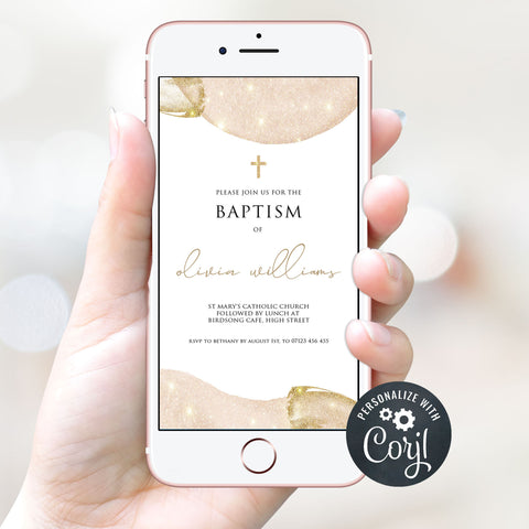 editable mobile baptism invitation, pink gold phone baptism invitation, cell phone invitation, baptism invitation, editable baptism invite