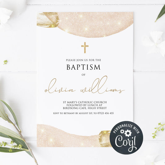 editable pink gold baptism invitation, printable baptism invitations, pink baptism invites, editable baptism invite