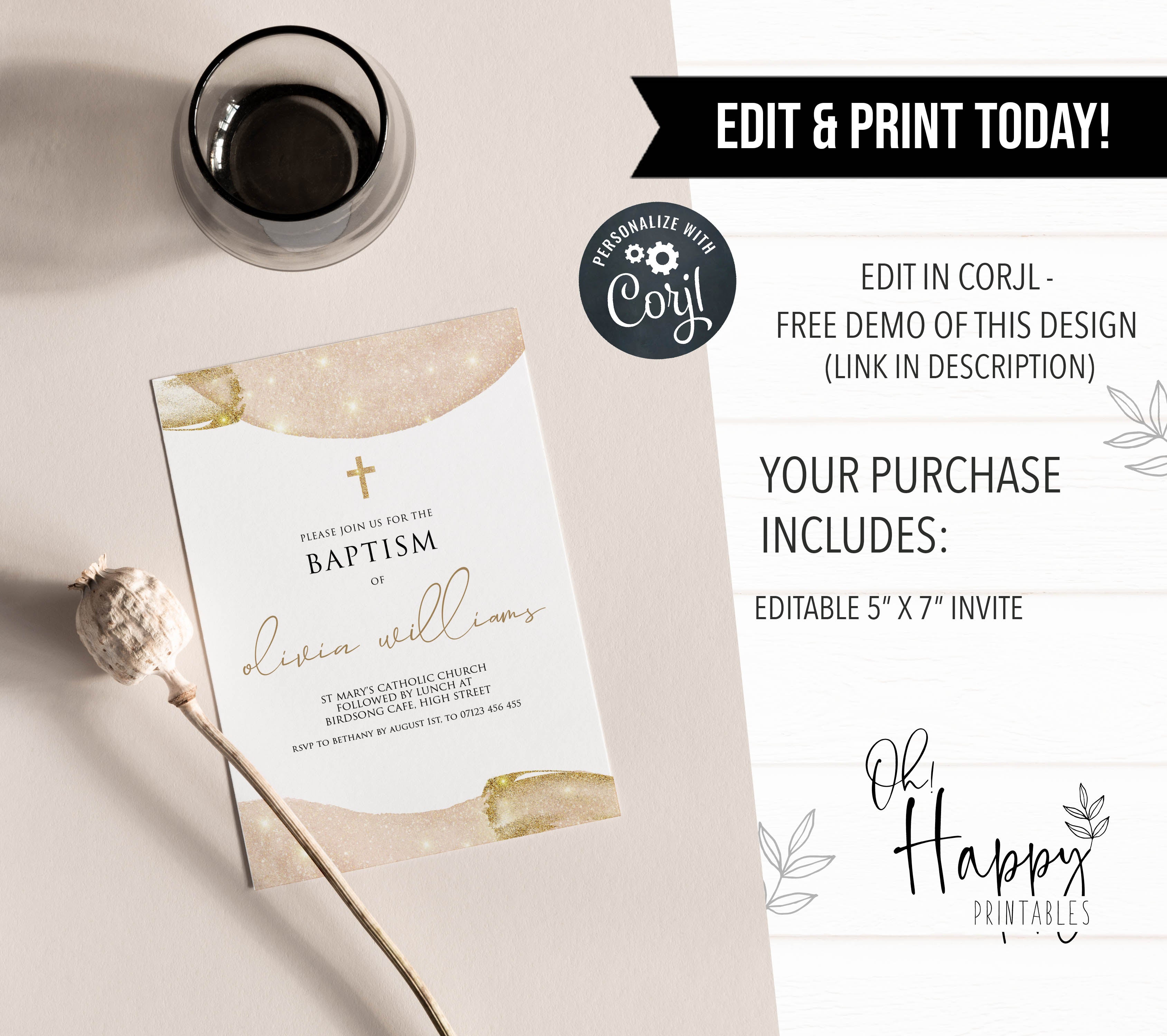 editable pink gold baptism invitation, printable baptism invitations, pink baptism invites, editable baptism invite