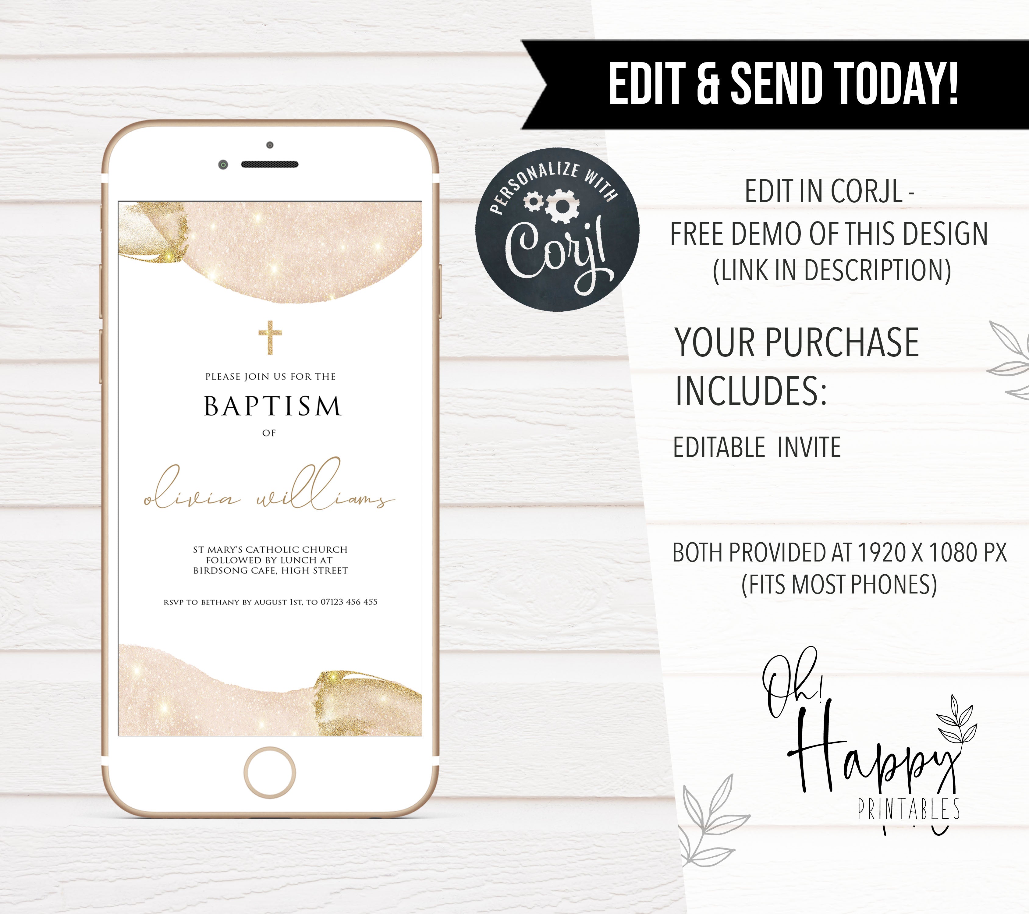 editable mobile baptism invitation, pink gold phone baptism invitation, cell phone invitation, baptism invitation, editable baptism invite