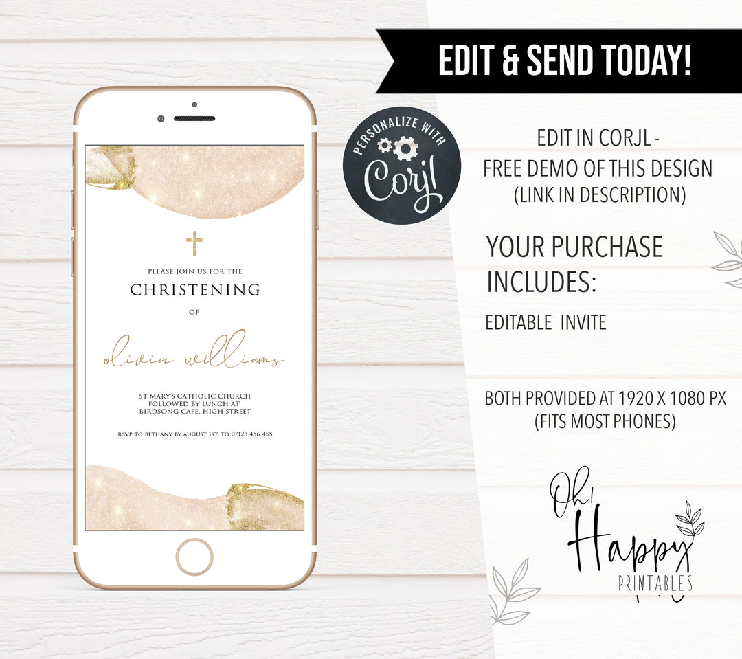 editable pink gold christening invitation, editable christening invitation, pink christening invitation