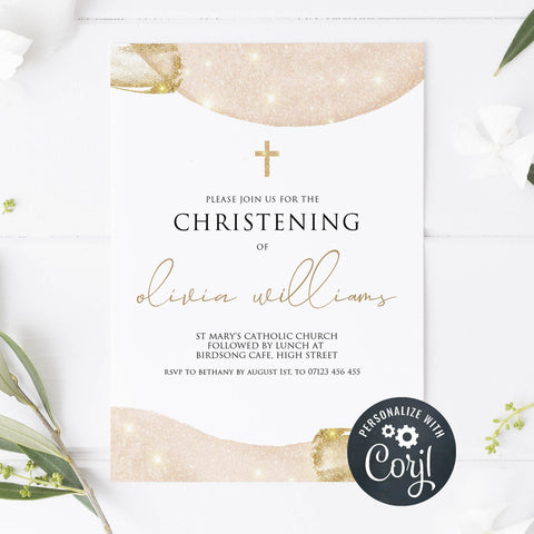 editable pink gold christening invitation, editable christening invite, pink christening invitation