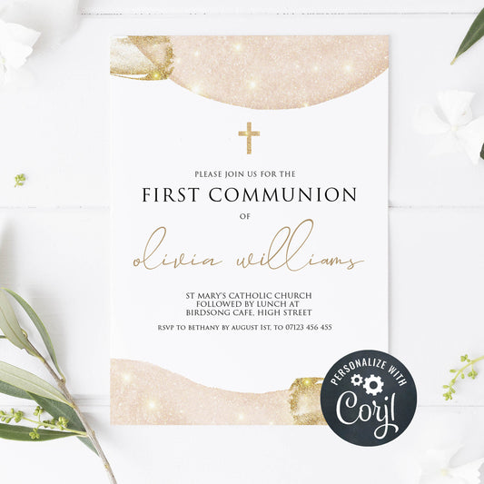editable pink gold first communion invitation, editable communion invitation, first communion invitation, editable invites
