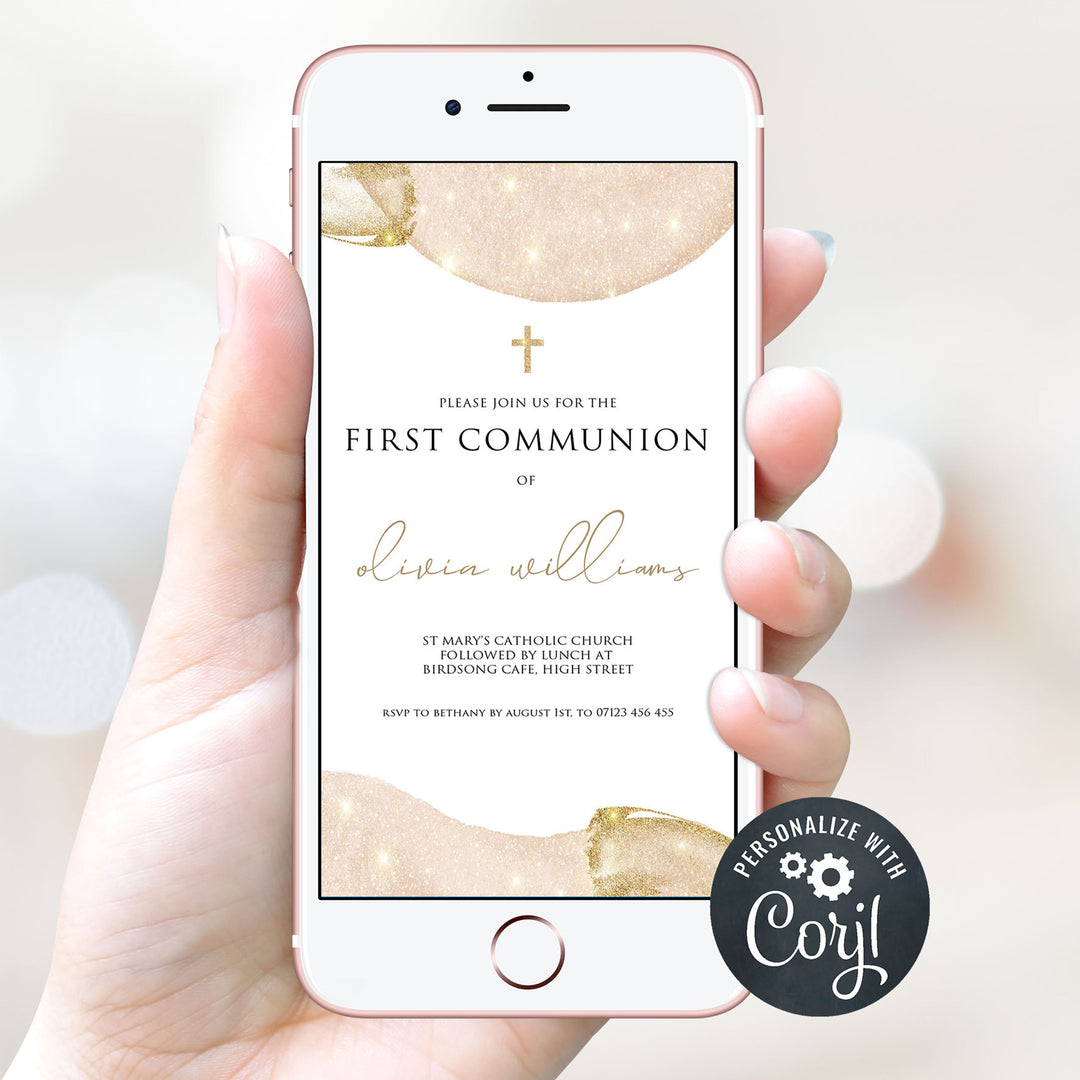 editable pink gold first communion invitation, editable first communion invitation, pink communion invitation 