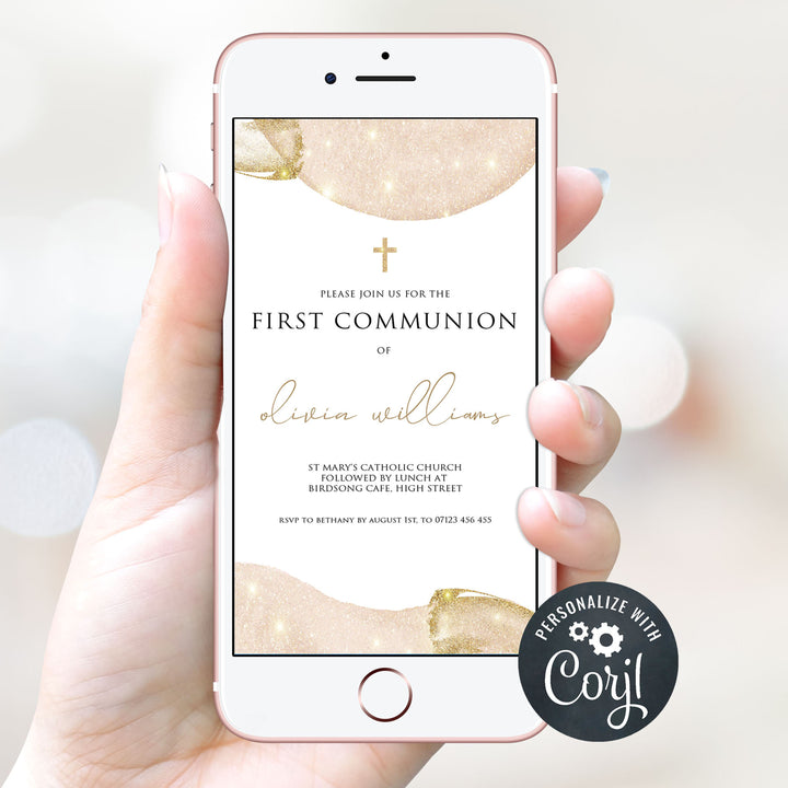 editable pink gold first communion invitation, editable first communion invitation, pink communion invitation 