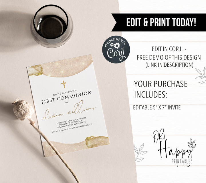 editable pink gold first communion invitation, editable communion invitation, first communion invitation, editable invites