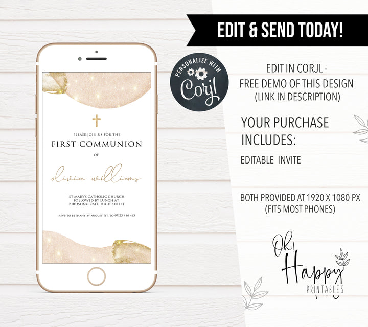editable pink gold first communion invitation, editable first communion invitation, pink communion invitation 