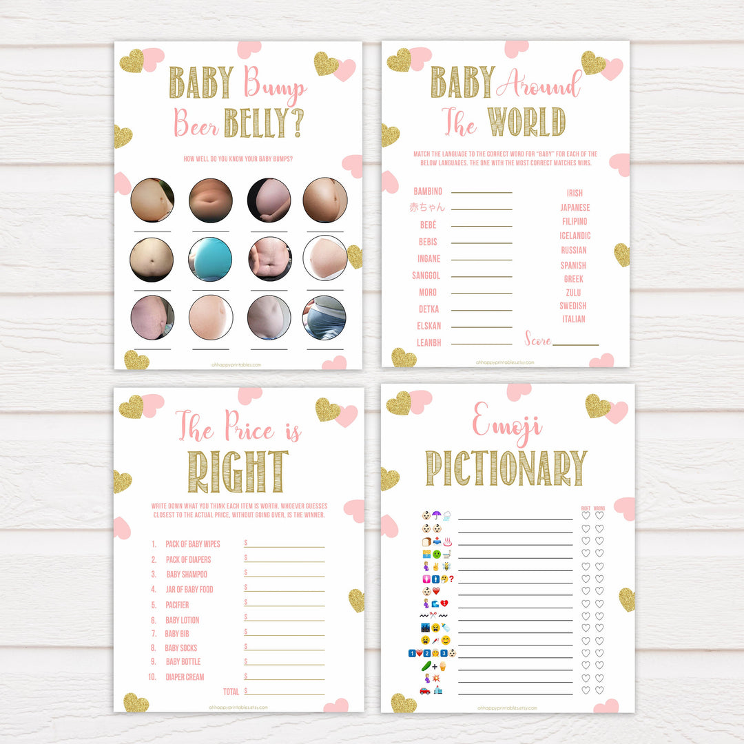 7 baby games bundle, baby shower games pack, fun baby games pack, Printable baby shower games, large pink hearts fun baby games, baby shower games, fun baby shower ideas, top baby shower ideas, gold pink hearts shower baby shower, pink hearts baby shower ideas