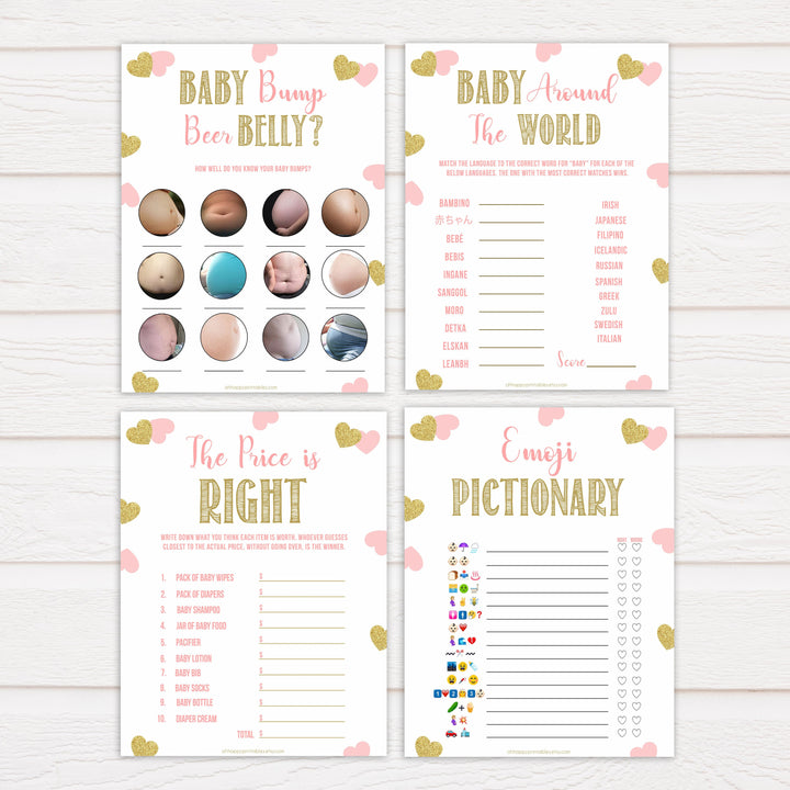 7 baby games bundle, baby shower games pack, fun baby games pack, Printable baby shower games, large pink hearts fun baby games, baby shower games, fun baby shower ideas, top baby shower ideas, gold pink hearts shower baby shower, pink hearts baby shower ideas