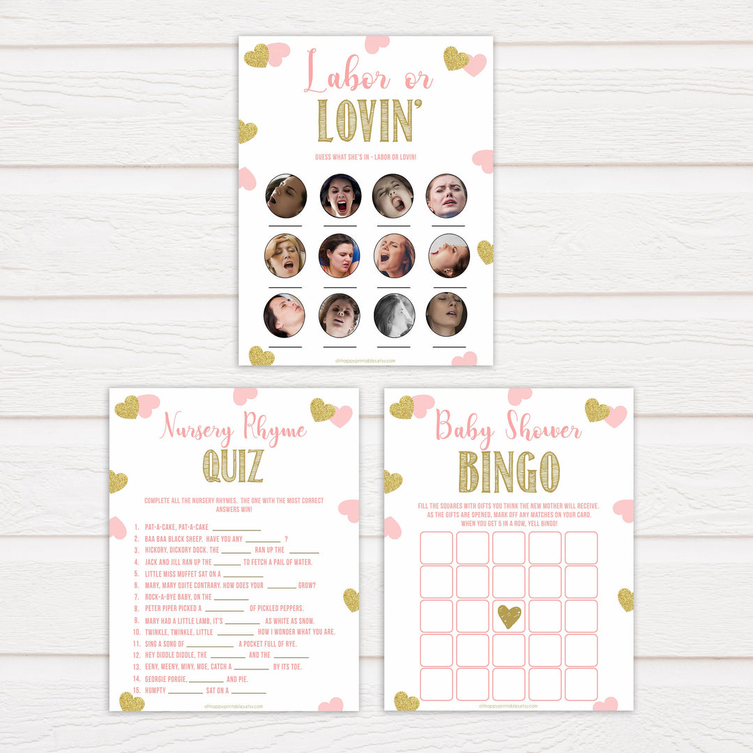 7 baby games bundle, baby shower games pack, fun baby games pack, Printable baby shower games, large pink hearts fun baby games, baby shower games, fun baby shower ideas, top baby shower ideas, gold pink hearts shower baby shower, pink hearts baby shower ideas