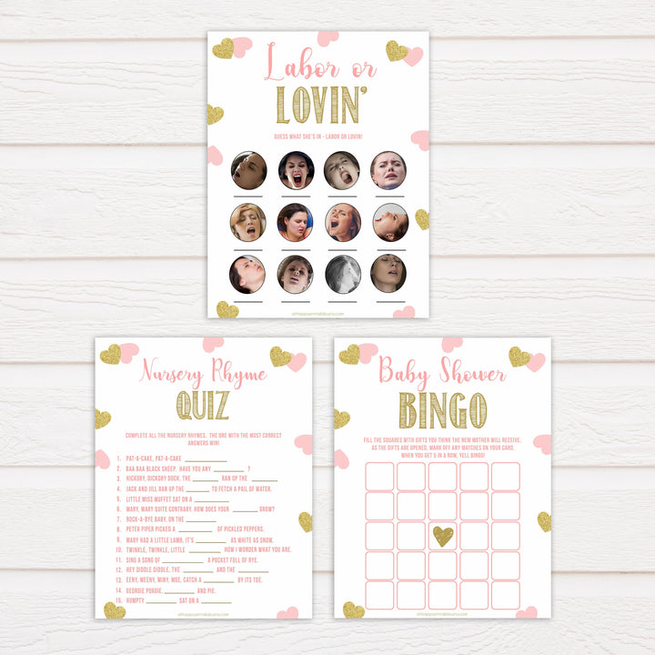7 baby games bundle, baby shower games pack, fun baby games pack, Printable baby shower games, large pink hearts fun baby games, baby shower games, fun baby shower ideas, top baby shower ideas, gold pink hearts shower baby shower, pink hearts baby shower ideas