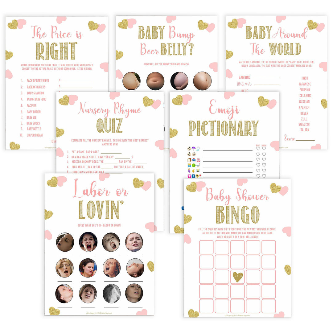 7 baby games bundle, baby shower games pack, fun baby games pack, Printable baby shower games, large pink hearts fun baby games, baby shower games, fun baby shower ideas, top baby shower ideas, gold pink hearts shower baby shower, pink hearts baby shower ideas
