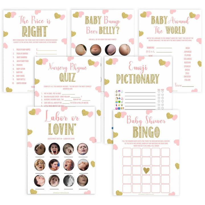 7 baby games bundle, baby shower games pack, fun baby games pack, Printable baby shower games, large pink hearts fun baby games, baby shower games, fun baby shower ideas, top baby shower ideas, gold pink hearts shower baby shower, pink hearts baby shower ideas