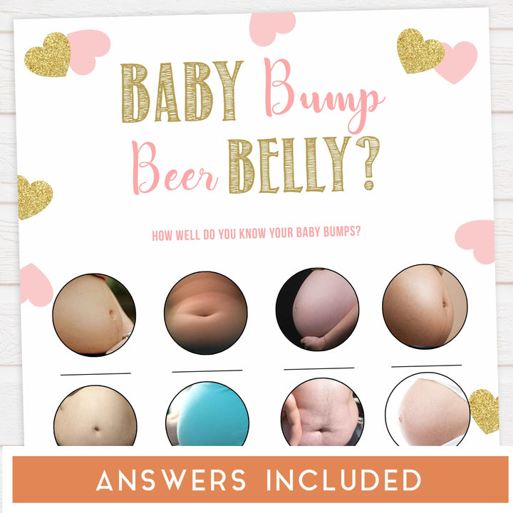 labor or porn, baby bump or beer belly game, Printable baby shower games, large pink hearts fun baby games, baby shower games, fun baby shower ideas, top baby shower ideas, gold pink hearts shower baby shower, pink hearts baby shower ideas