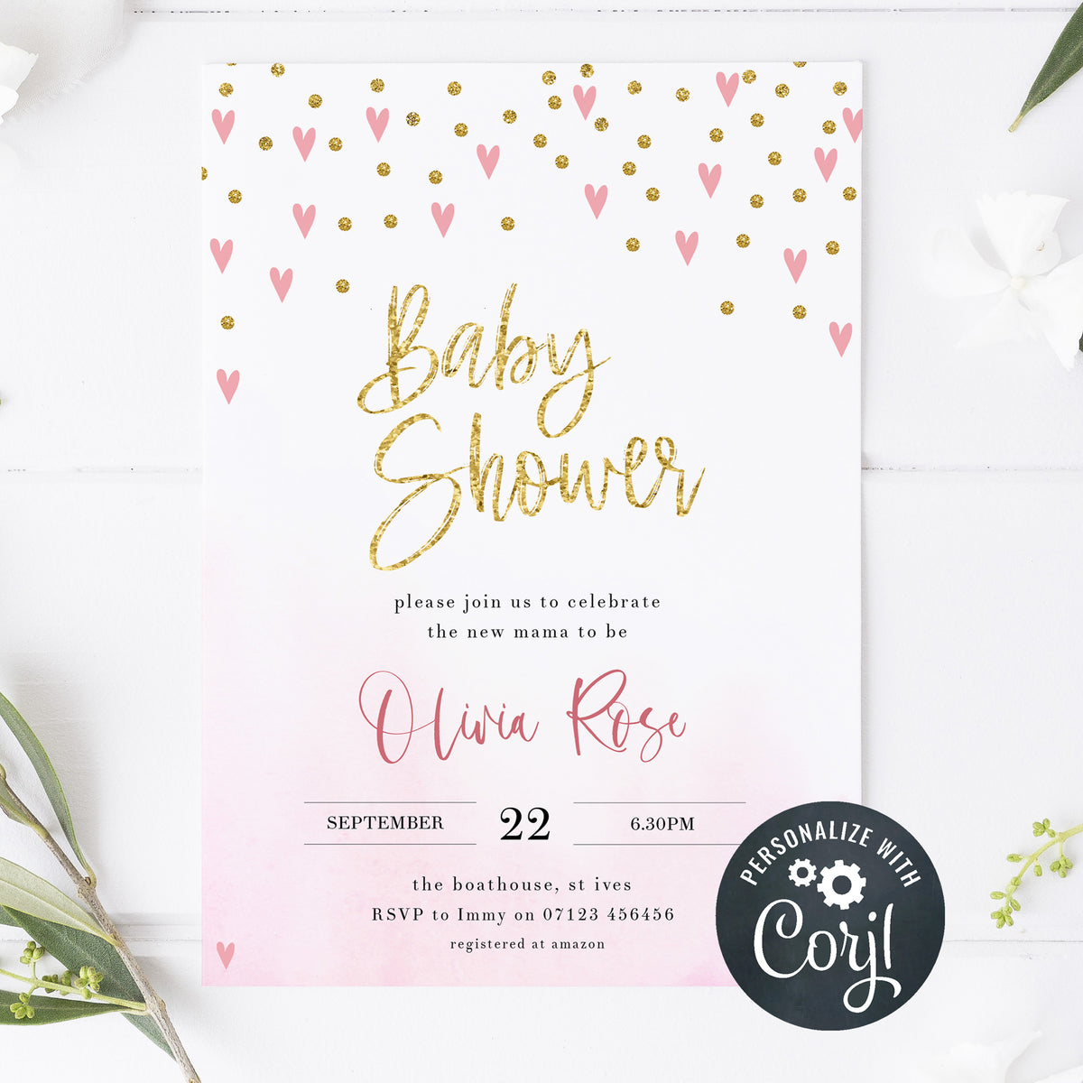 pink hearts baby shower invitations, printable baby shower invitations, editable baby shower invitations, fun baby shower theme, pink baby shower mobile invitations