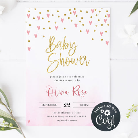 pink hearts baby shower invitations, printable baby shower invitations, editable baby shower invitations, fun baby shower theme, pink baby shower mobile invitations