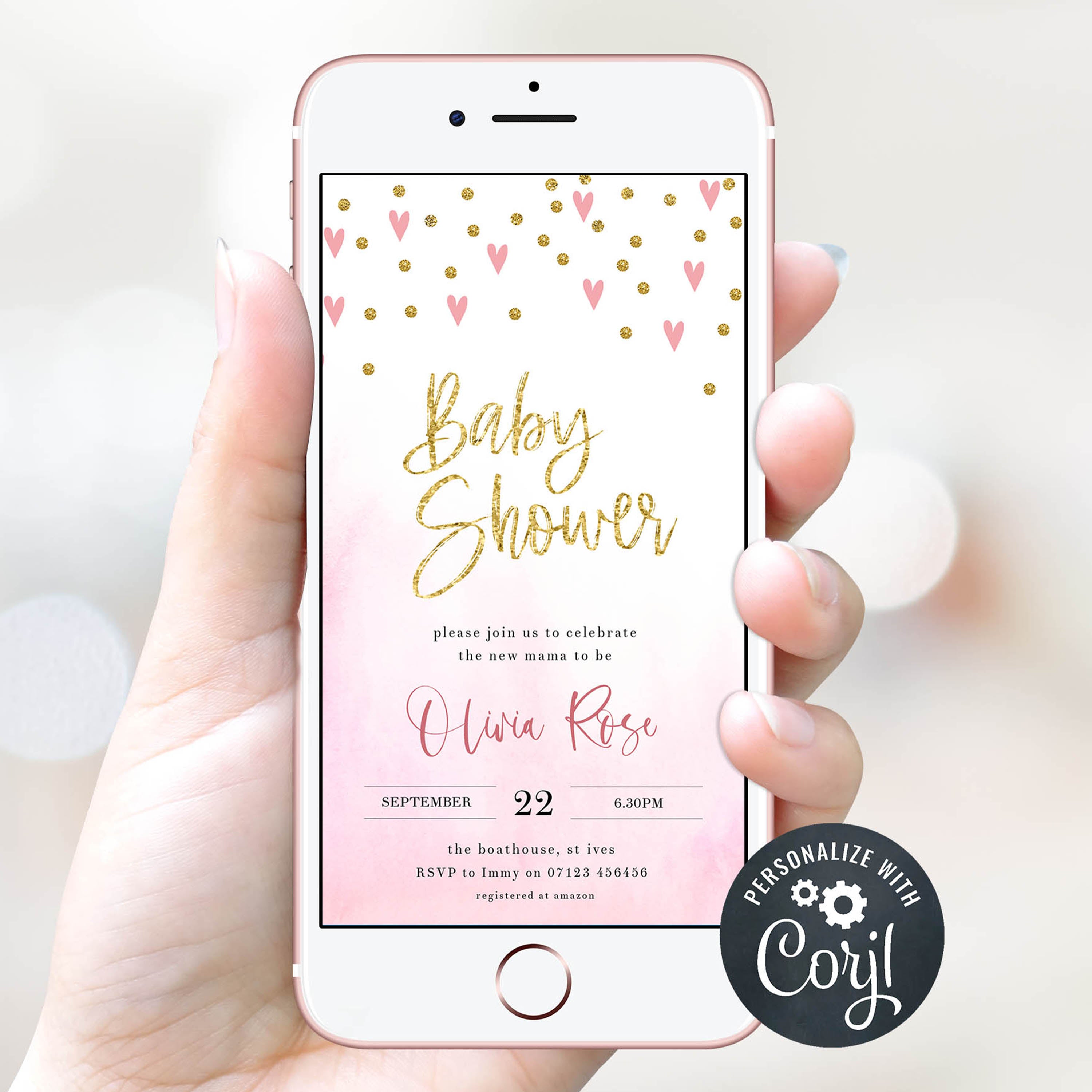 pink hearts baby shower invitations, printable baby shower invitations, editable baby shower invitations, fun baby shower theme, pink baby shower mobile invitations