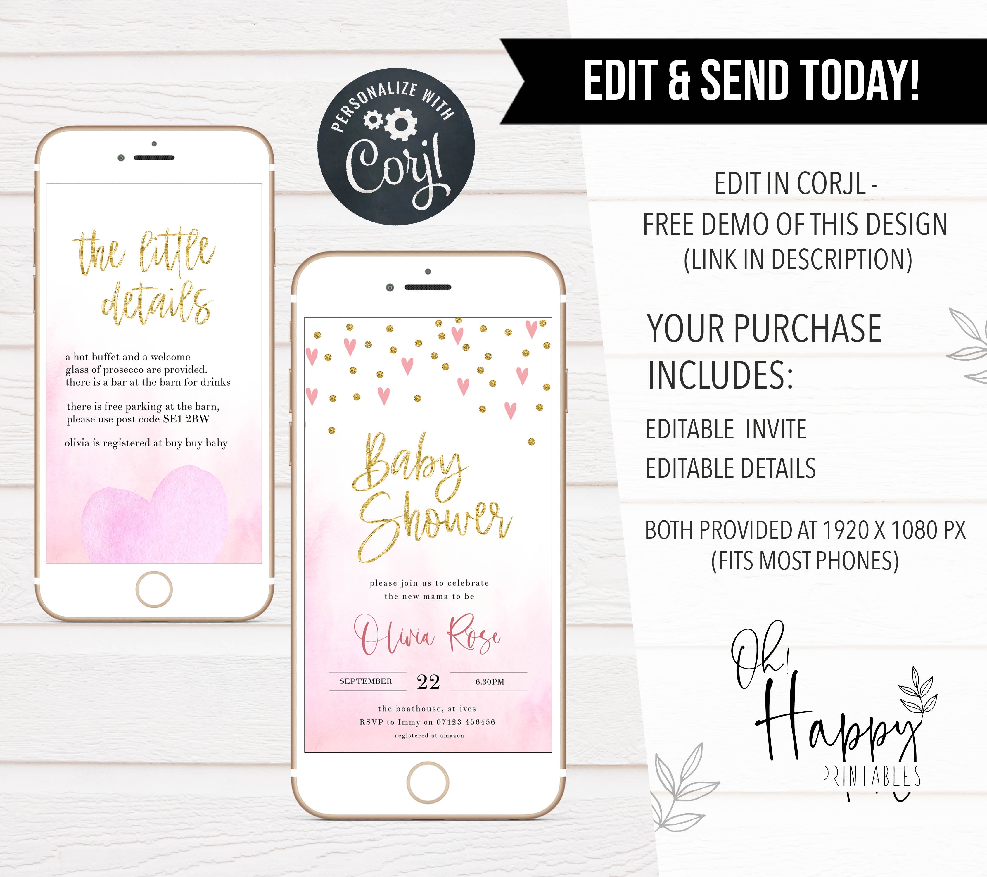 pink hearts baby shower invitations, printable baby shower invitations, editable baby shower invitations, fun baby shower theme, pink baby shower mobile invitations