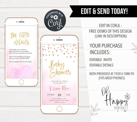 pink hearts baby shower invitations, printable baby shower invitations, editable baby shower invitations, fun baby shower theme, pink baby shower mobile invitations