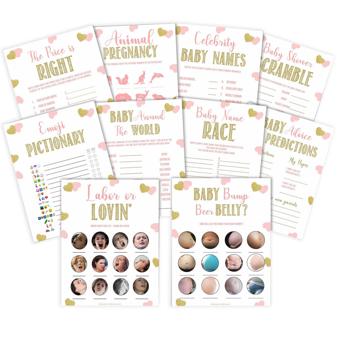 10 baby shower games, baby games bundle, Printable baby shower games, large pink hearts fun baby games, baby shower games, fun baby shower ideas, top baby shower ideas, gold pink hearts shower baby shower, pink hearts baby shower ideas