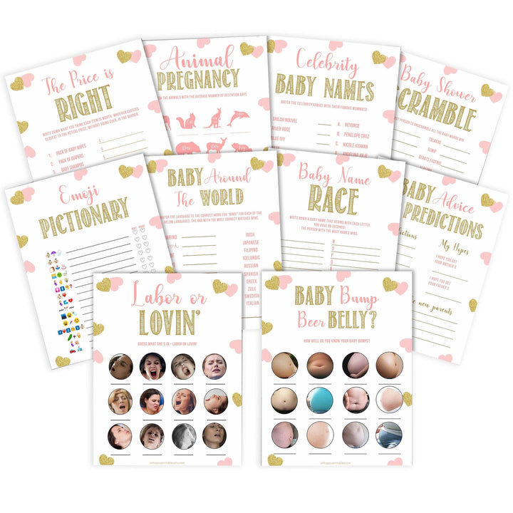 10 baby shower games, baby games bundle, Printable baby shower games, large pink hearts fun baby games, baby shower games, fun baby shower ideas, top baby shower ideas, gold pink hearts shower baby shower, pink hearts baby shower ideas