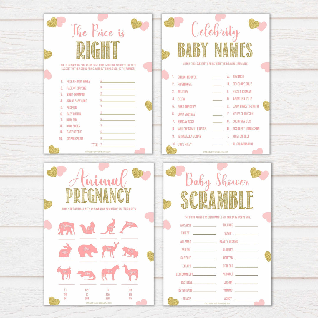 10 baby shower games, baby games bundle, Printable baby shower games, large pink hearts fun baby games, baby shower games, fun baby shower ideas, top baby shower ideas, gold pink hearts shower baby shower, pink hearts baby shower ideas