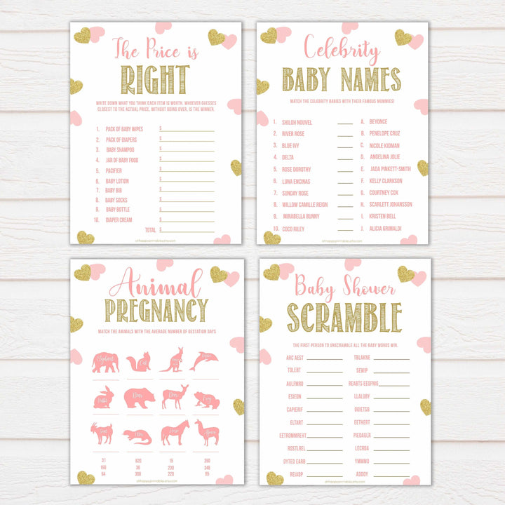 10 baby shower games, baby games bundle, Printable baby shower games, large pink hearts fun baby games, baby shower games, fun baby shower ideas, top baby shower ideas, gold pink hearts shower baby shower, pink hearts baby shower ideas
