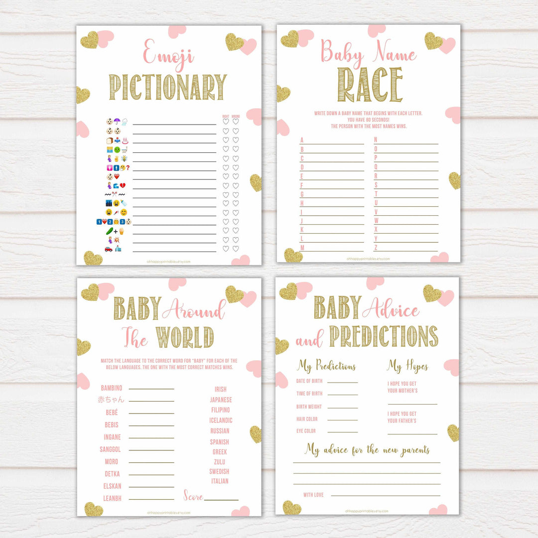10 baby shower games, baby games bundle, Printable baby shower games, large pink hearts fun baby games, baby shower games, fun baby shower ideas, top baby shower ideas, gold pink hearts shower baby shower, pink hearts baby shower ideas