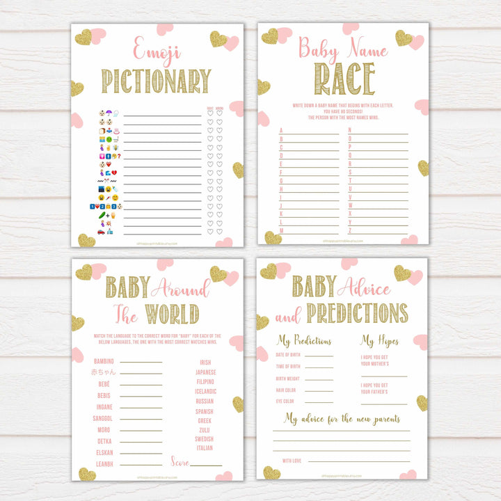 10 baby shower games, baby games bundle, Printable baby shower games, large pink hearts fun baby games, baby shower games, fun baby shower ideas, top baby shower ideas, gold pink hearts shower baby shower, pink hearts baby shower ideas
