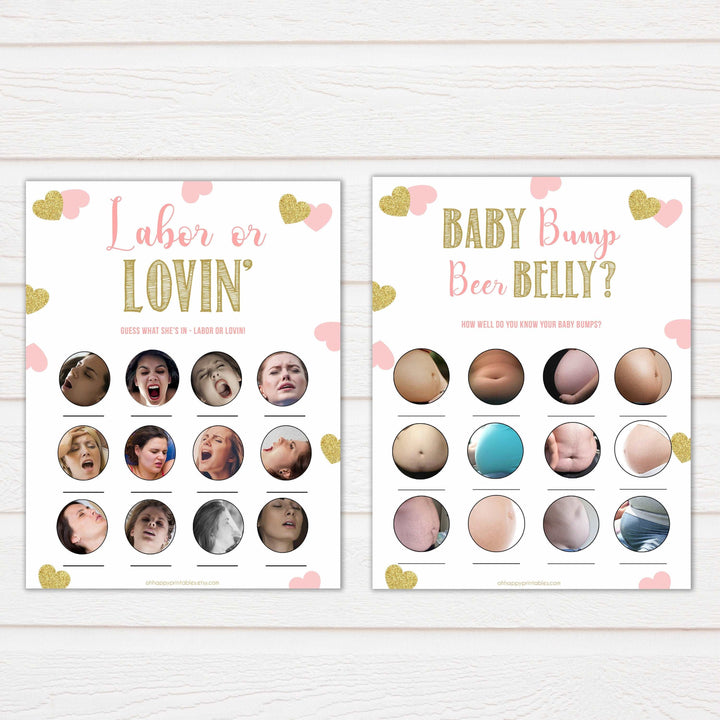 10 baby shower games, baby games bundle, Printable baby shower games, large pink hearts fun baby games, baby shower games, fun baby shower ideas, top baby shower ideas, gold pink hearts shower baby shower, pink hearts baby shower ideas