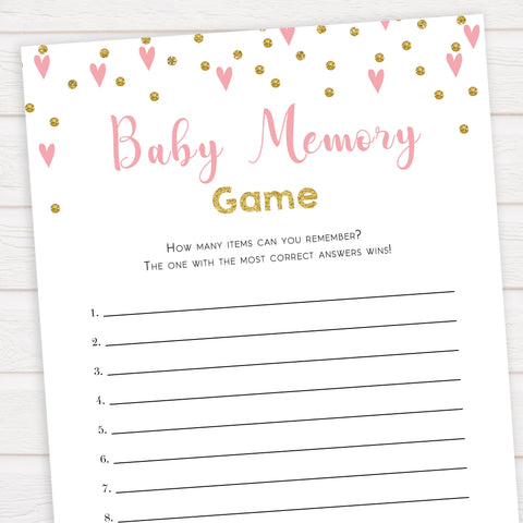 pink hearts baby shower, baby memory baby game, printable baby games, pink baby games, girl baby games, top 10 baby games, fun baby games