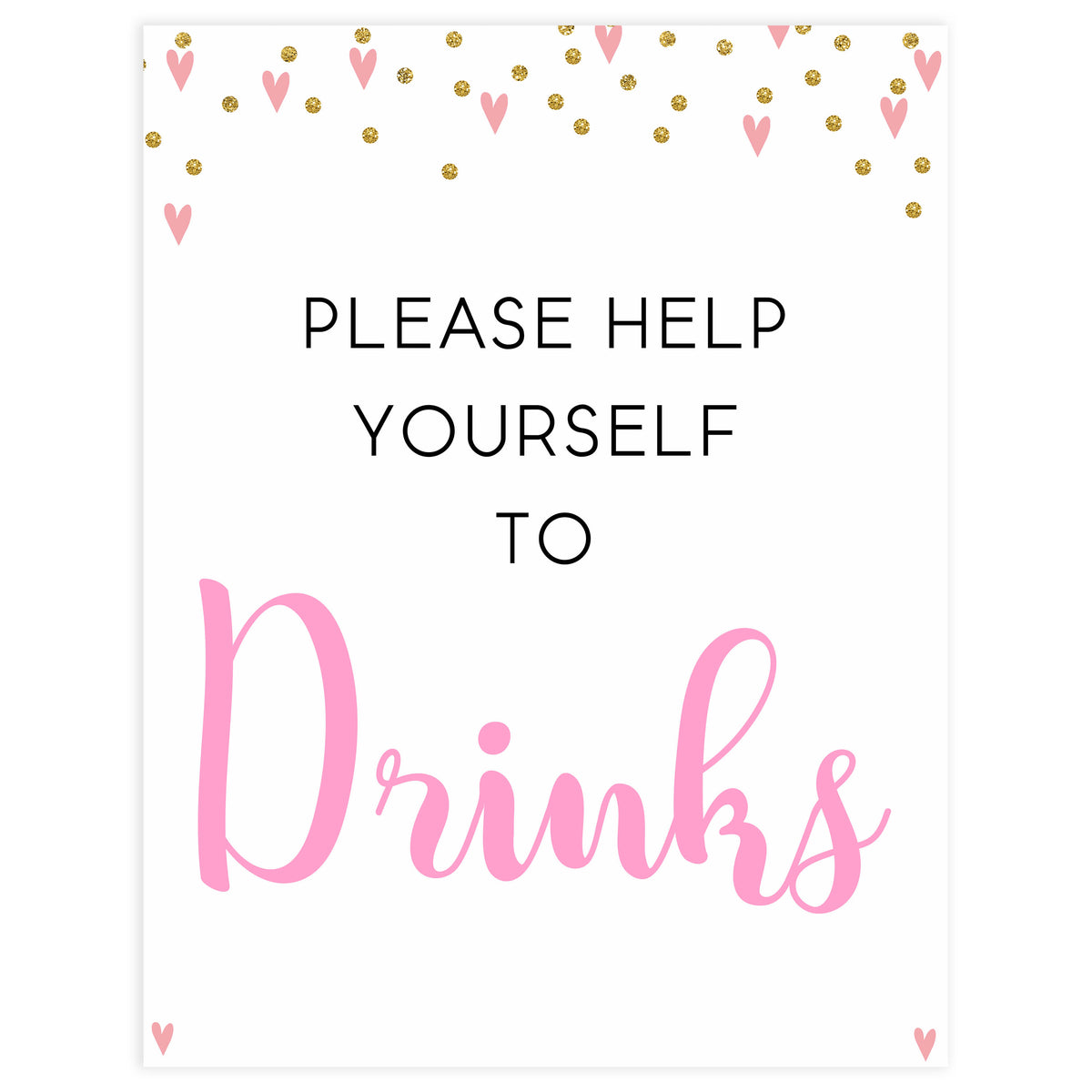 drinks baby signs, drinks baby table signs, Pink hearts baby decor, printable baby table signs, printable baby decor, gold glitter table signs, fun baby signs, pink hearts fun baby table signs