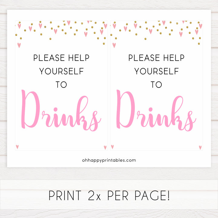 drinks baby signs, drinks baby table signs, Pink hearts baby decor, printable baby table signs, printable baby decor, gold glitter table signs, fun baby signs, pink hearts fun baby table signs