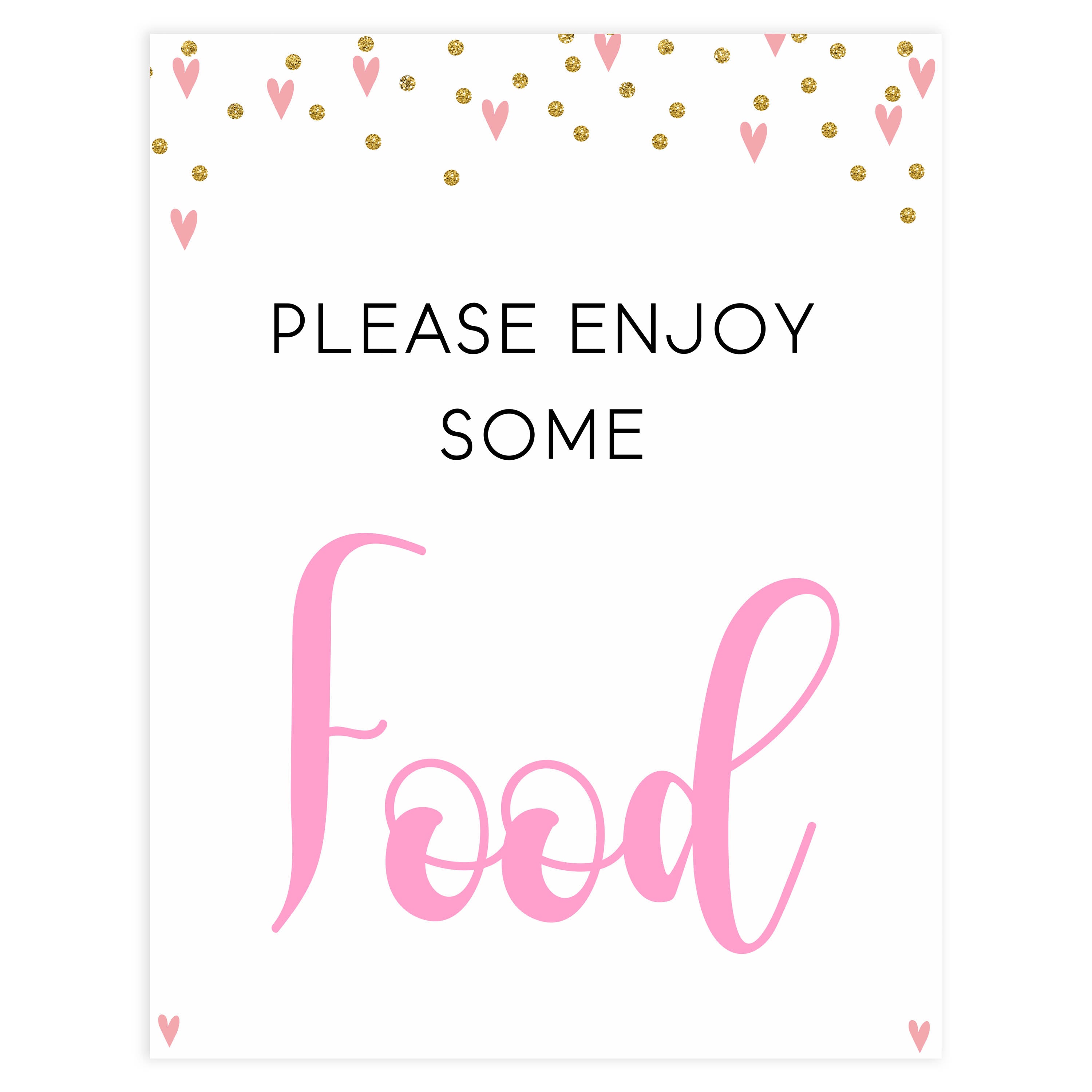 food baby shower signs, food baby table signs, Pink hearts baby decor, printable baby table signs, printable baby decor, gold glitter table signs, fun baby signs, pink hearts fun baby table signs