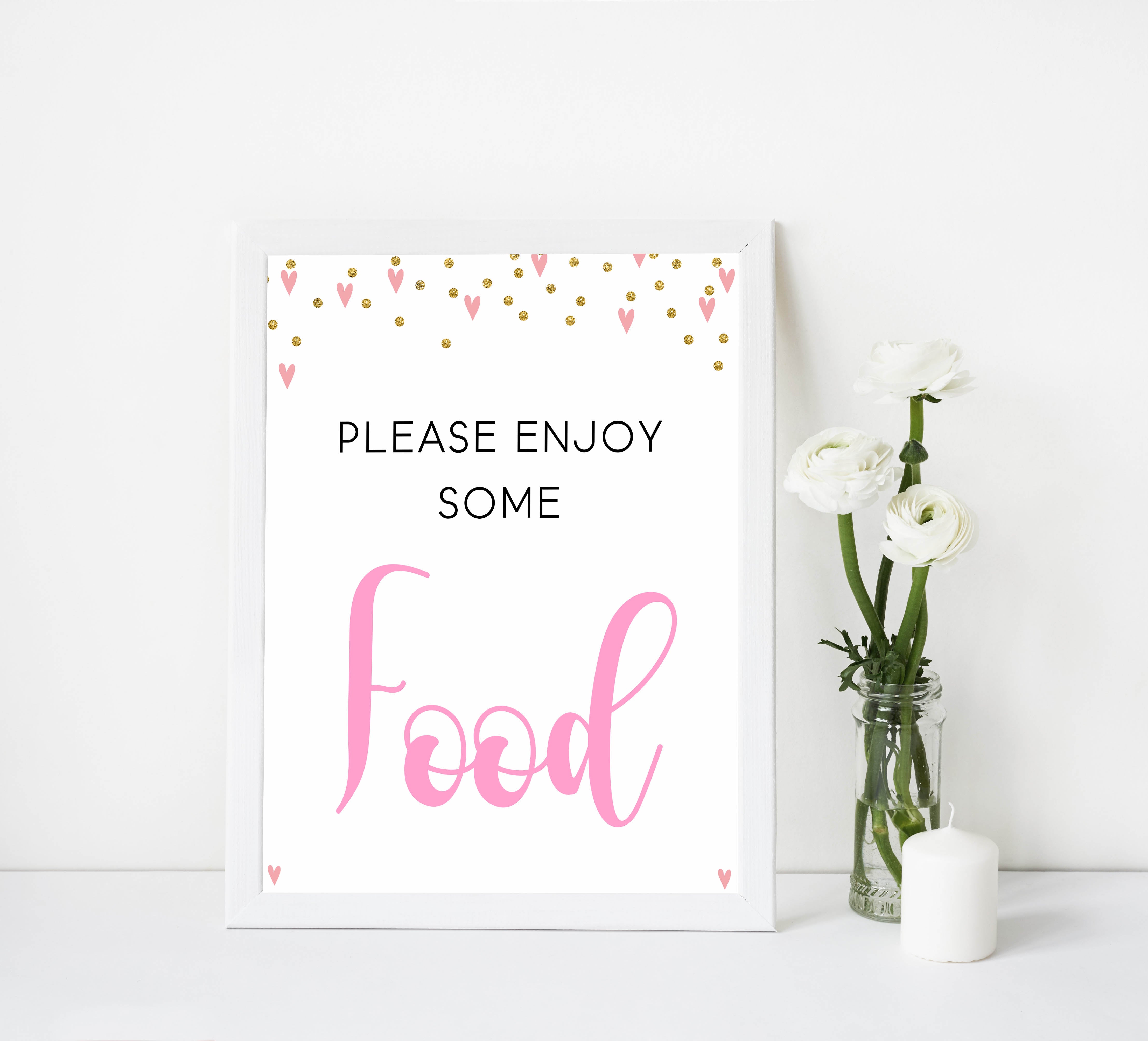 food baby shower signs, food baby table signs, Pink hearts baby decor, printable baby table signs, printable baby decor, gold glitter table signs, fun baby signs, pink hearts fun baby table signs