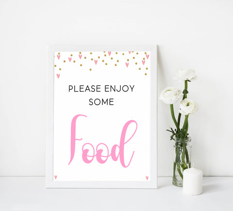 food baby shower signs, food baby table signs, Pink hearts baby decor, printable baby table signs, printable baby decor, gold glitter table signs, fun baby signs, pink hearts fun baby table signs