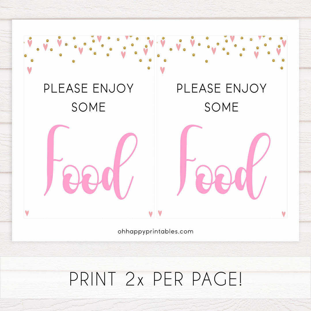 food baby shower signs, food baby table signs, Pink hearts baby decor, printable baby table signs, printable baby decor, gold glitter table signs, fun baby signs, pink hearts fun baby table signs