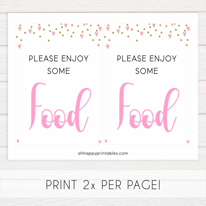 food baby shower signs, food baby table signs, Pink hearts baby decor, printable baby table signs, printable baby decor, gold glitter table signs, fun baby signs, pink hearts fun baby table signs