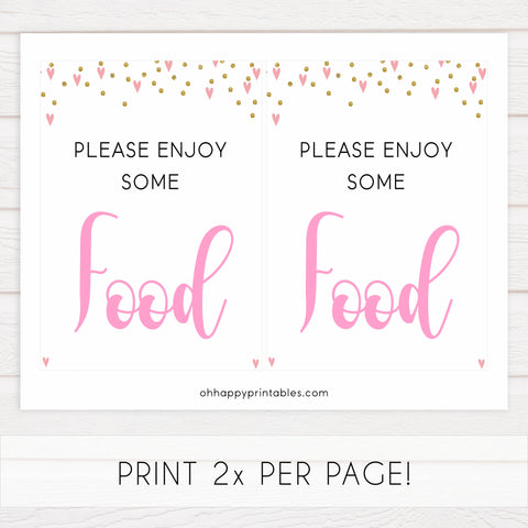 food baby shower signs, food baby table signs, Pink hearts baby decor, printable baby table signs, printable baby decor, gold glitter table signs, fun baby signs, pink hearts fun baby table signs