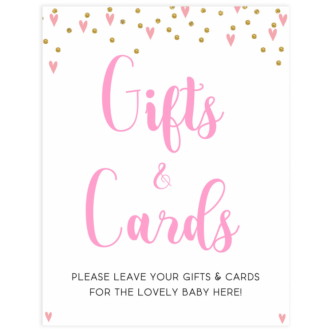 gifts and cards baby table signs, gifts and cards baby sign, Pink hearts baby decor, printable baby table signs, printable baby decor, gold glitter table signs, fun baby signs, pink hearts fun baby table signs