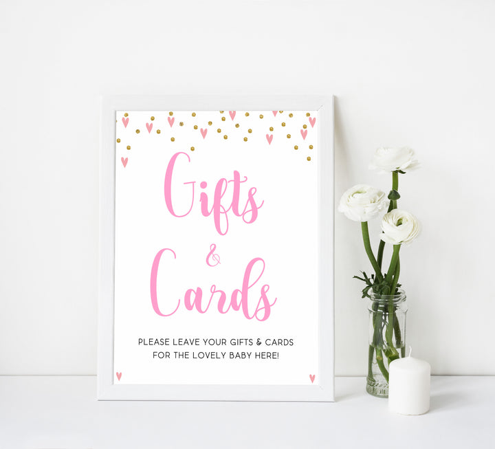 gifts and cards baby table signs, gifts and cards baby sign, Pink hearts baby decor, printable baby table signs, printable baby decor, gold glitter table signs, fun baby signs, pink hearts fun baby table signs