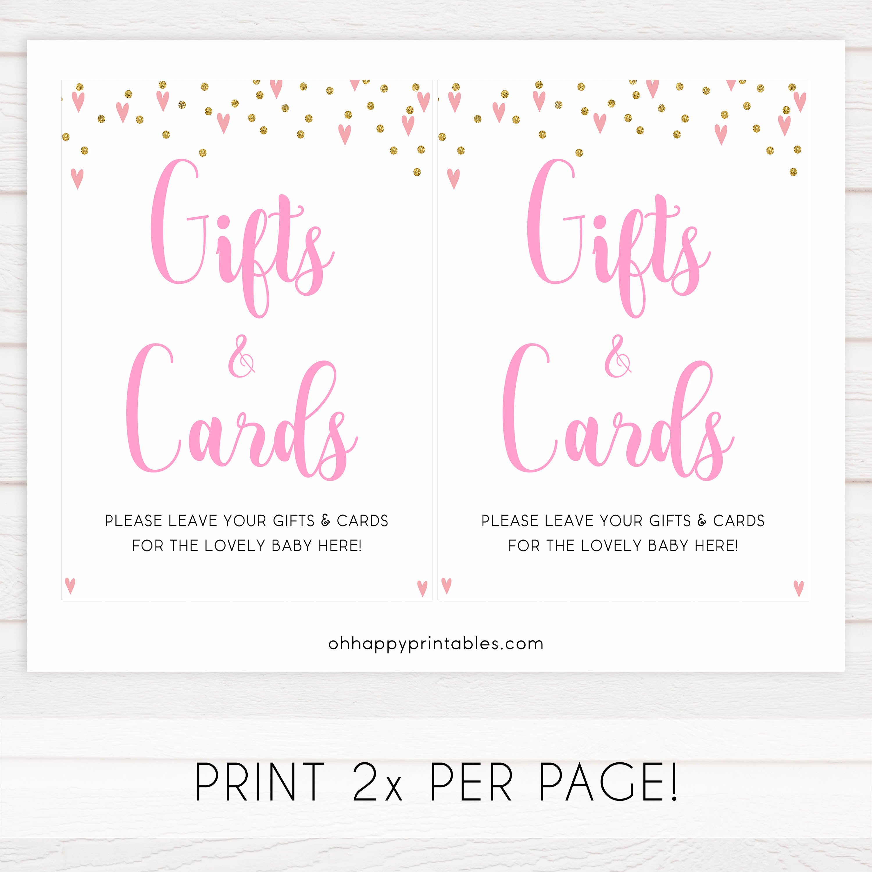 gifts and cards baby table signs, gifts and cards baby sign, Pink hearts baby decor, printable baby table signs, printable baby decor, gold glitter table signs, fun baby signs, pink hearts fun baby table signs