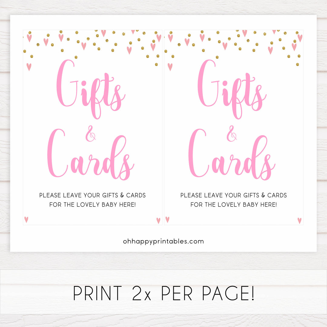 gifts and cards baby table signs, gifts and cards baby sign, Pink hearts baby decor, printable baby table signs, printable baby decor, gold glitter table signs, fun baby signs, pink hearts fun baby table signs