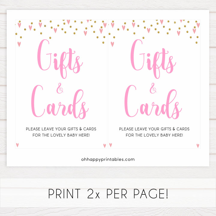 gifts and cards baby table signs, gifts and cards baby sign, Pink hearts baby decor, printable baby table signs, printable baby decor, gold glitter table signs, fun baby signs, pink hearts fun baby table signs