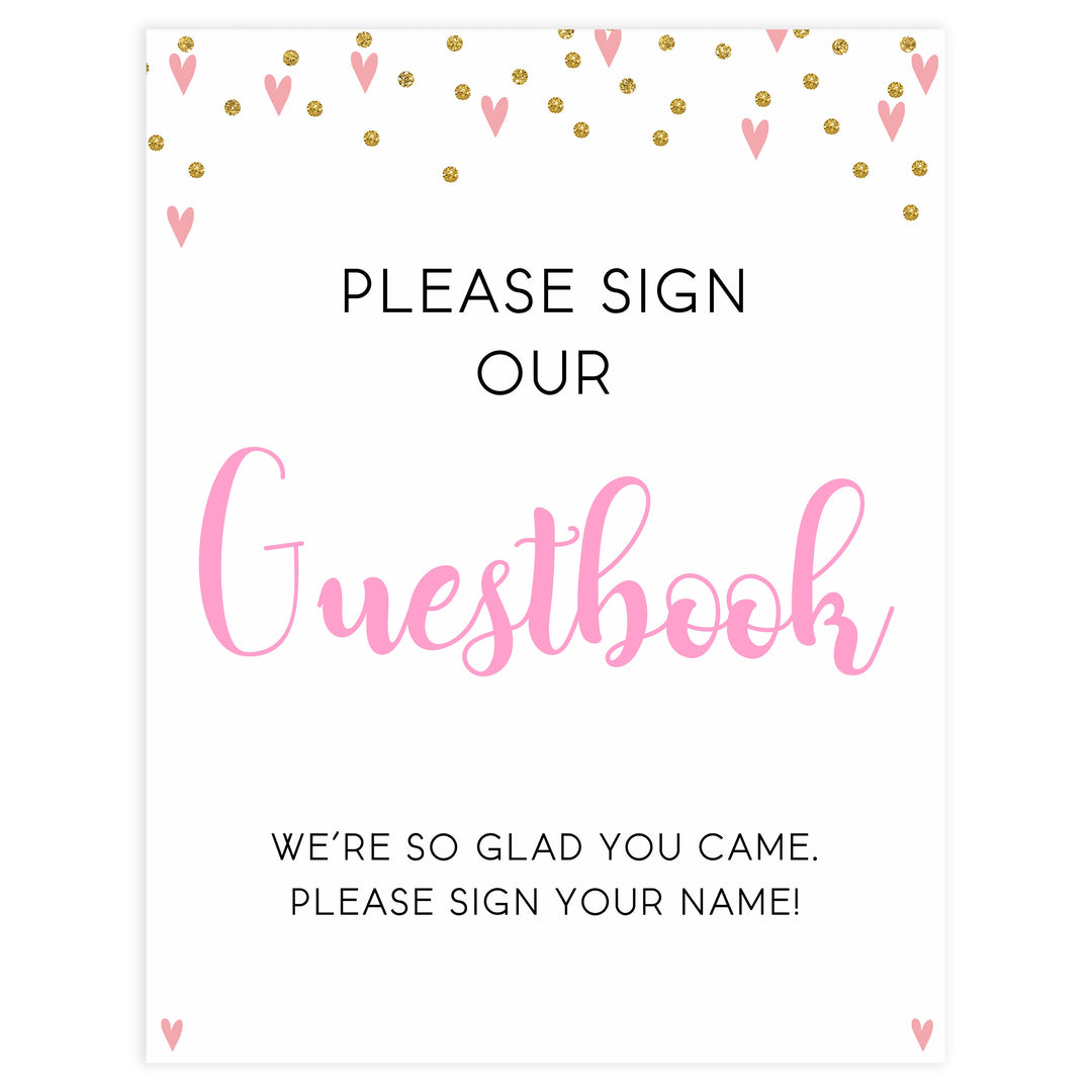 guestbook baby signs, guestbook baby table signs, Pink hearts baby decor, printable baby table signs, printable baby decor, gold glitter table signs, fun baby signs, pink hearts fun baby table signs